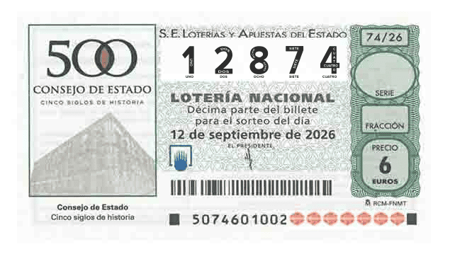 Décimo 12874 del sorteo 74-12/09/2026 Sábado