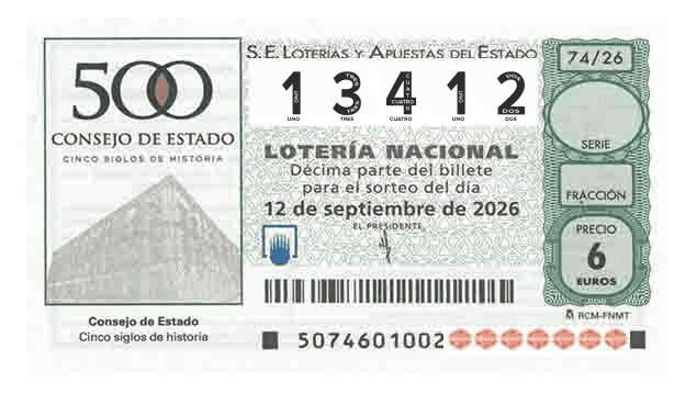 Décimo 13412 del sorteo 74-12/09/2026 Sábado