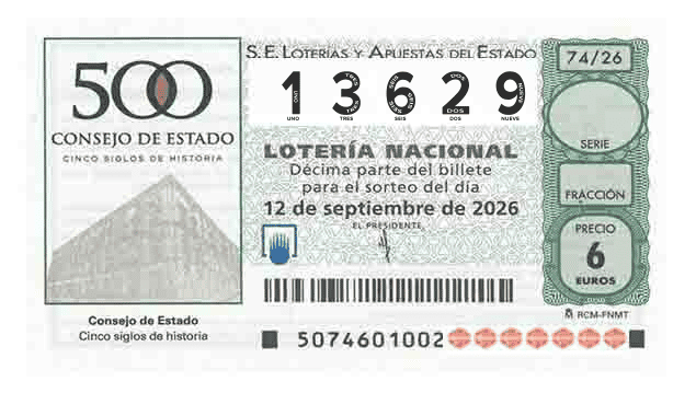 Décimo 13629 del sorteo 74-12/09/2026 Sábado