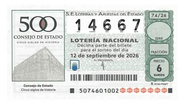 Décimo 14667 del sorteo 74-12/09/2026 Sábado