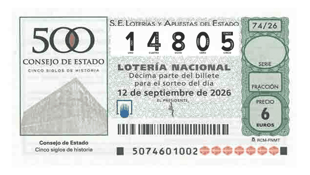 Décimo 14805 del sorteo 74-12/09/2026 Sábado