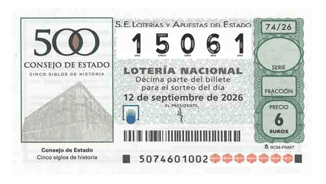 Décimo 15061 del sorteo 74-12/09/2026 Sábado