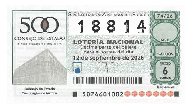 Décimo 18814 del sorteo 74-12/09/2026 Sábado