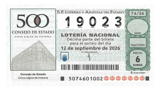 Décimo 19023 del sorteo 74-12/09/2026 Sábado
