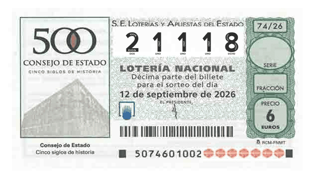Décimo 21118 del sorteo 74-12/09/2026 Sábado