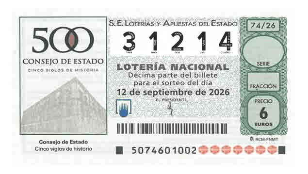 Décimo 31214 del sorteo 74-12/09/2026 Sábado