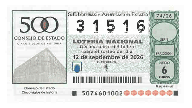 Décimo 31516 del sorteo 74-12/09/2026 Sábado