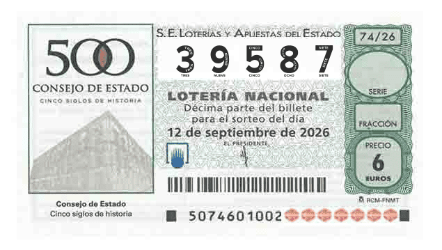 Décimo 39587 del sorteo 74-12/09/2026 Sábado