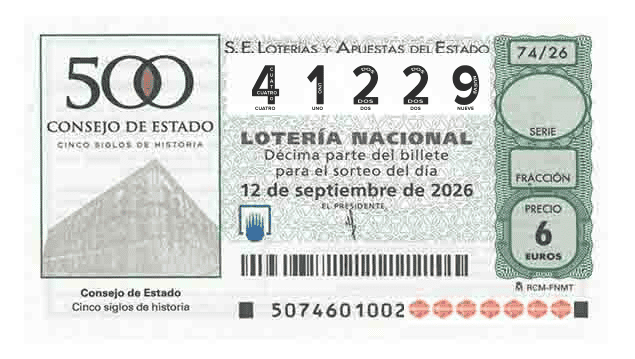 Décimo 41229 del sorteo 74-12/09/2026 Sábado