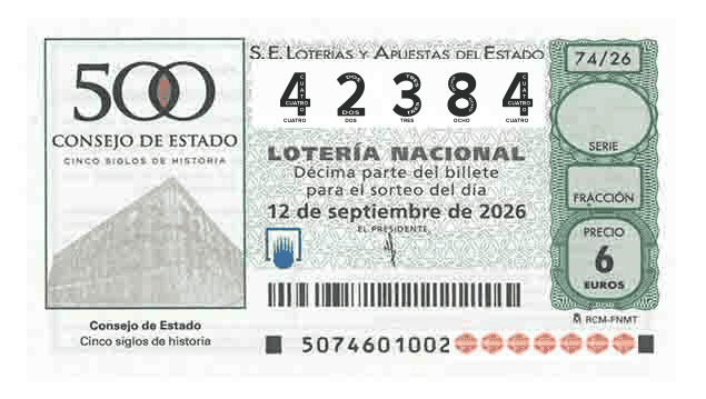 Décimo 42384 del sorteo 74-12/09/2026 Sábado