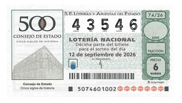 Décimo 43546 del sorteo 74-12/09/2026 Sábado
