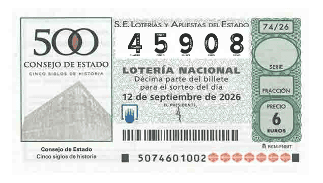 Décimo 45908 del sorteo 74-12/09/2026 Sábado