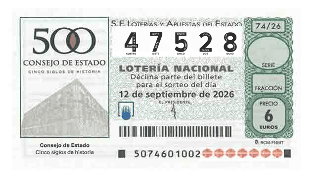 Décimo 47528 del sorteo 74-12/09/2026 Sábado