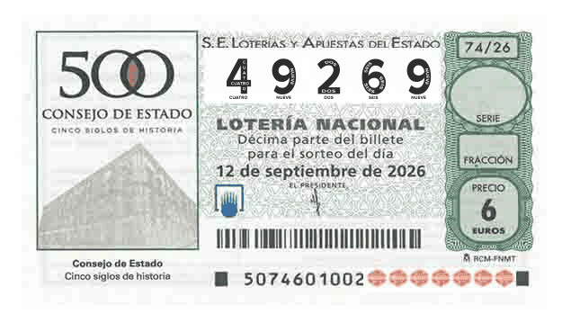 Décimo 49269 del sorteo 74-12/09/2026 Sábado