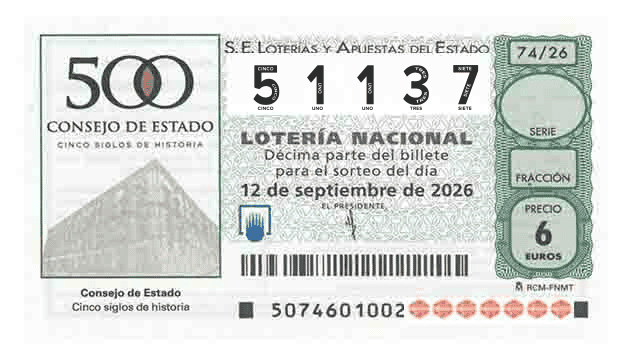 Décimo 51137 del sorteo 74-12/09/2026 Sábado