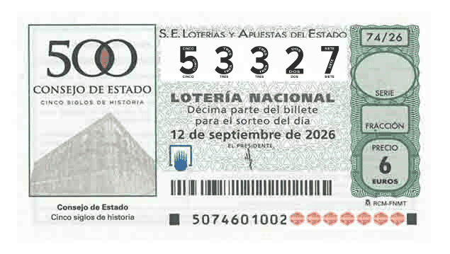 Décimo 53327 del sorteo 74-12/09/2026 Sábado