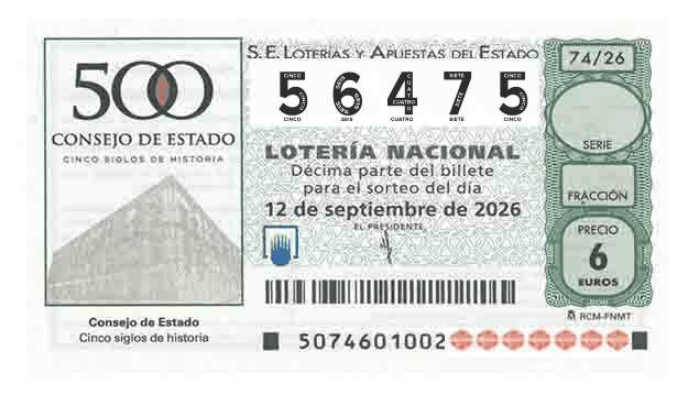 Décimo 56475 del sorteo 74-12/09/2026 Sábado