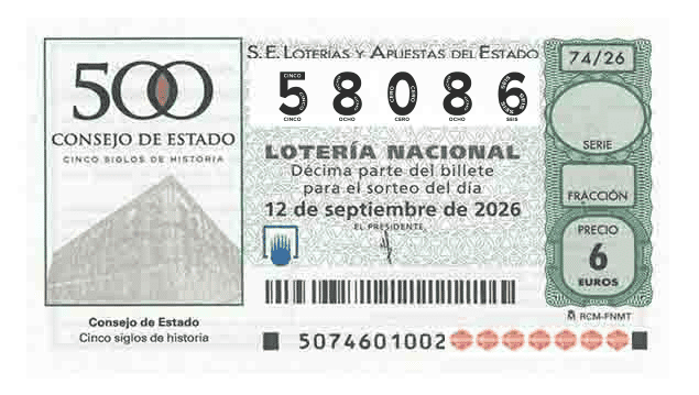Décimo 58086 del sorteo 74-12/09/2026 Sábado