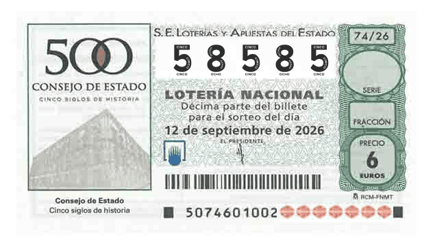 Décimo 58585 del sorteo 74-12/09/2026 Sábado
