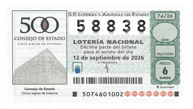 Décimo 58838 del sorteo 74-12/09/2026 Sábado