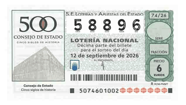 Décimo 58896 del sorteo 74-12/09/2026 Sábado