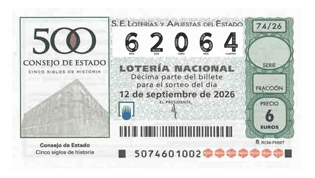 Décimo 62064 del sorteo 74-12/09/2026 Sábado