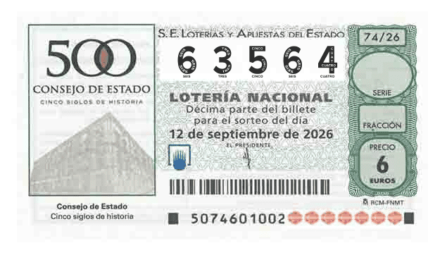 Décimo 63564 del sorteo 74-12/09/2026 Sábado