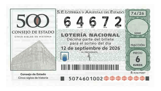 Décimo 64672 del sorteo 74-12/09/2026 Sábado