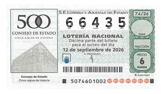 Décimo 66435 del sorteo 74-12/09/2026 Sábado