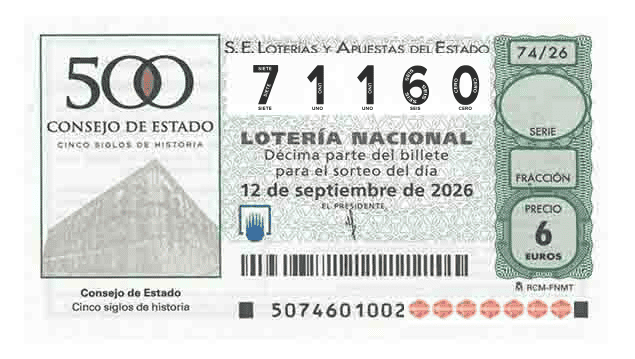 Décimo 71160 del sorteo 74-12/09/2026 Sábado