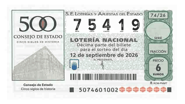 Décimo 75419 del sorteo 74-12/09/2026 Sábado