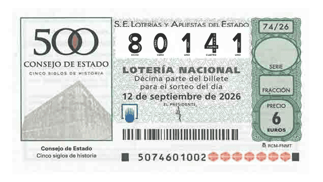 Décimo 80141 del sorteo 74-12/09/2026 Sábado
