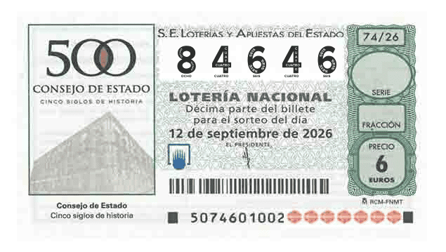 Décimo 84646 del sorteo 74-12/09/2026 Sábado