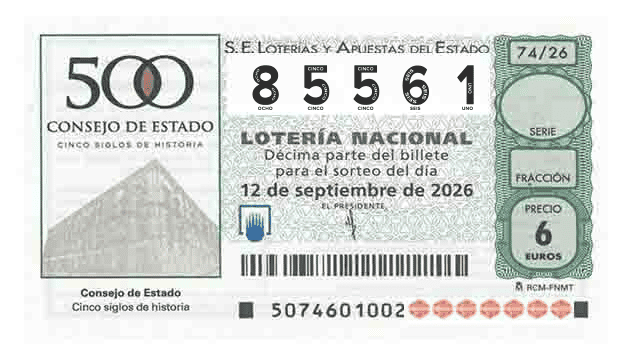 Décimo 85561 del sorteo 74-12/09/2026 Sábado