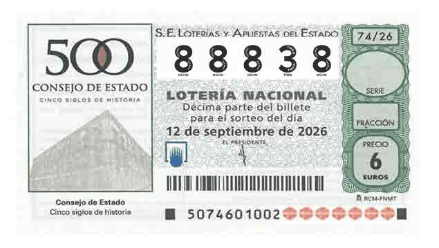 Décimo 88838 del sorteo 74-12/09/2026 Sábado