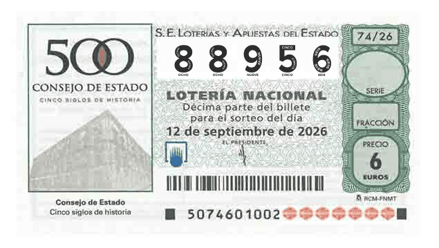 Décimo 88956 del sorteo 74-12/09/2026 Sábado