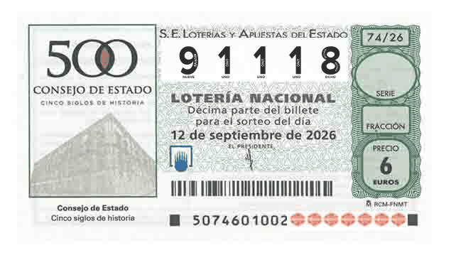 Décimo 91118 del sorteo 74-12/09/2026 Sábado