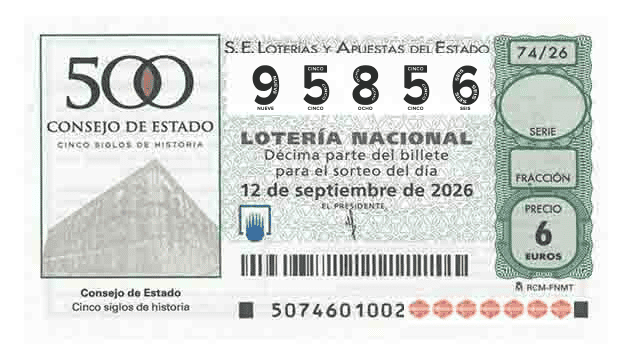 Décimo 95856 del sorteo 74-12/09/2026 Sábado