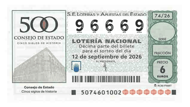 Décimo 96669 del sorteo 74-12/09/2026 Sábado