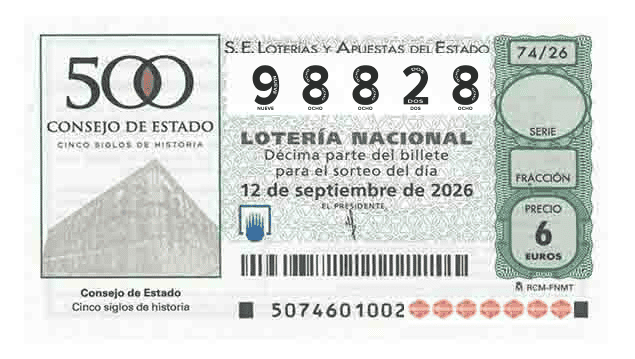 Décimo 98828 del sorteo 74-12/09/2026 Sábado