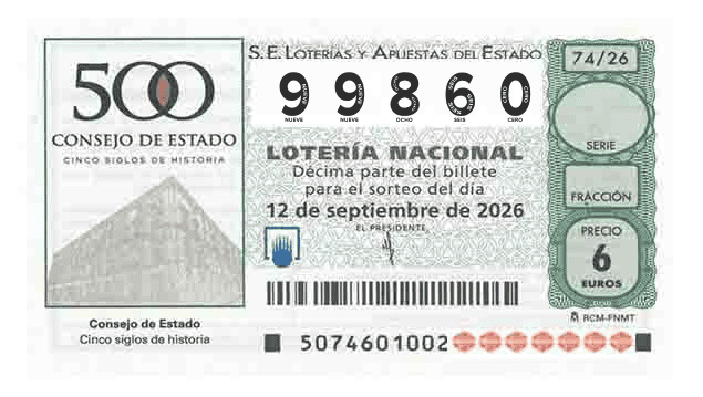 Décimo 99860 del sorteo 74-12/09/2026 Sábado