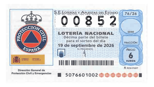 Décimo 00852 del sorteo 76-19/09/2026 Sábado