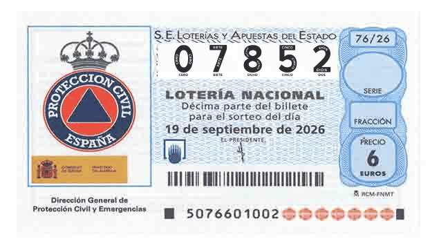 Décimo 07852 del sorteo 76-19/09/2026 Sábado