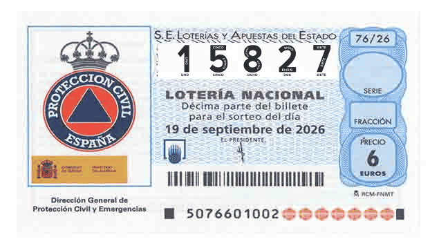 Décimo 15827 del sorteo 76-19/09/2026 Sábado