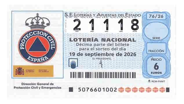 Décimo 21118 del sorteo 76-19/09/2026 Sábado