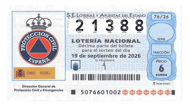 Décimo 21388 del sorteo 76-19/09/2026 Sábado
