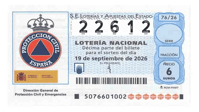 Décimo 22612 del sorteo 76-19/09/2026 Sábado