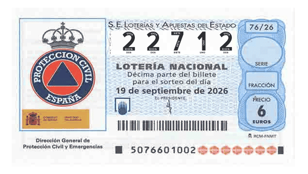 Décimo 22712 del sorteo 76-19/09/2026 Sábado