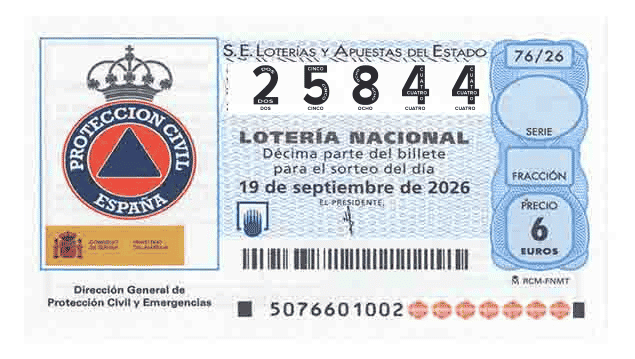 Décimo 25844 del sorteo 76-19/09/2026 Sábado