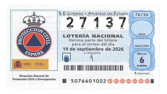 Décimo 27137 del sorteo 76-19/09/2026 Sábado